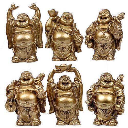 Buda Sonriente 6 Unidades Feng Shui Dorado Vintage