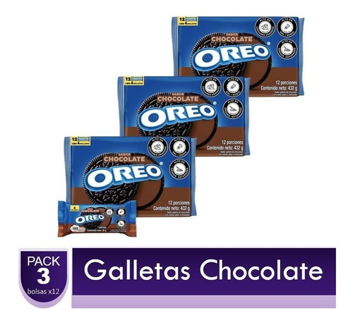 Galletas Oreo Chocolate 3 Paquetes X12 Unidades