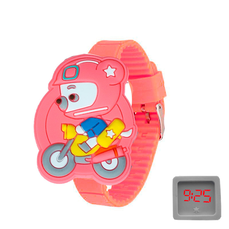 Reloj Led Niño Niña infantil Oso Moto Rosa Coral + estuche