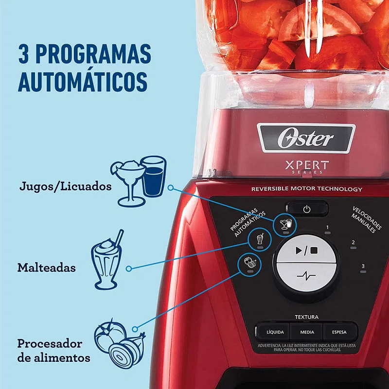 Licuadora Oster® con programas automáticos y tecnología reversible